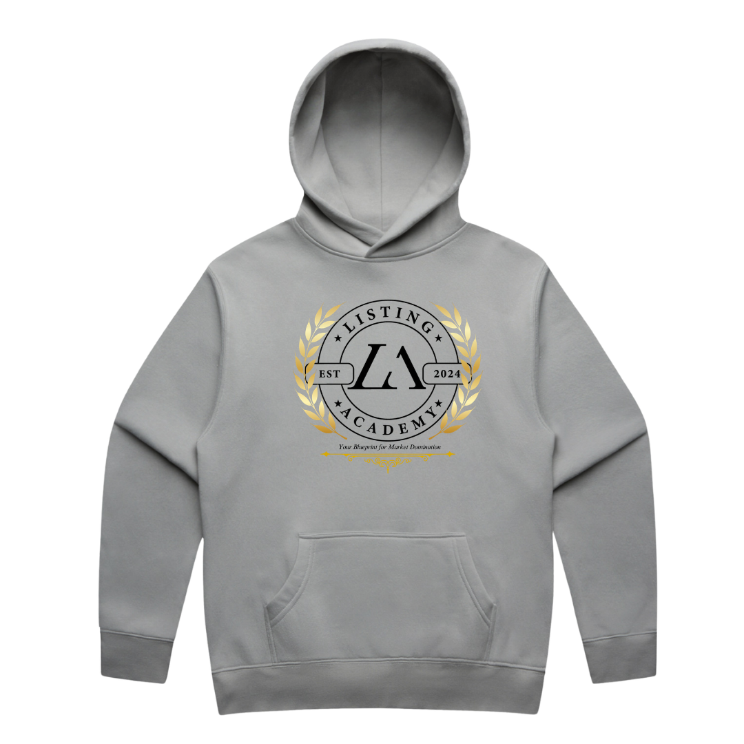 The Listing Academy gray hoodie with embroidered crest
